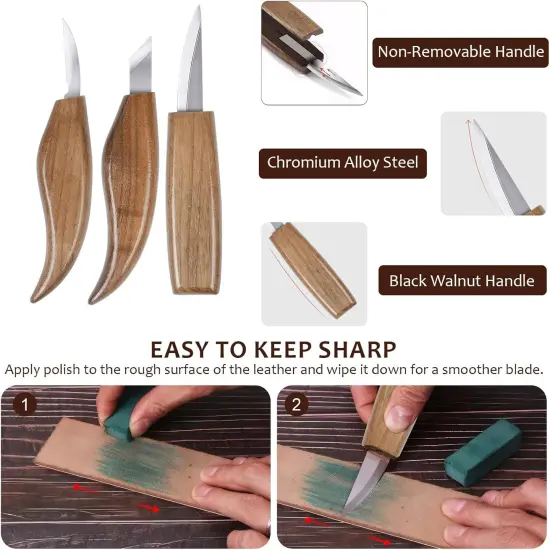 17Pcs Wood Carving Tools Kit - Beginner's Wood Whittling Set with 6Pcs Carbon Steel Knife, Gloves, Knife Sharpener for Spoon, Bowl, Kuksa Cup {3}
