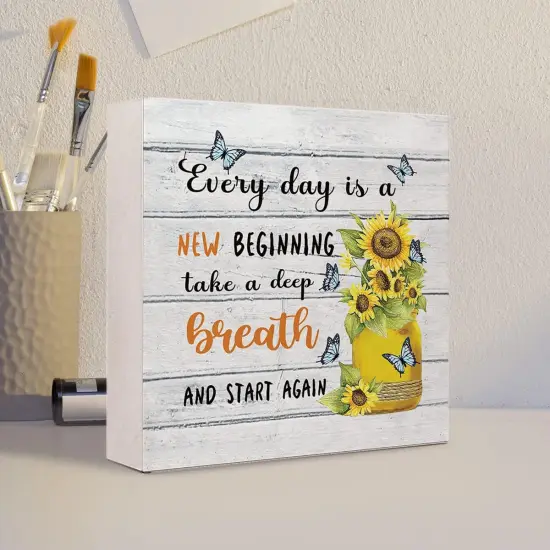 Everyday Is A New Beginning Farmhouse Sunflowers Wooden Sign Desk Decor,Inspirational Wood Block Sign Desk Decorations for Home Bedroom Dorm Office Desk Shelf Table Decor {5}