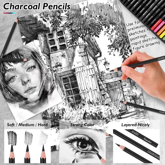 73 Pack Art Supplies Sketching Kit for Adults Kids Teen Gifts, School Supplies, Drawing Sketching Pencils with Sketchbook, Coloring Book, Colored Watercolor Metallic Graphite Charcoal Pencils {5}