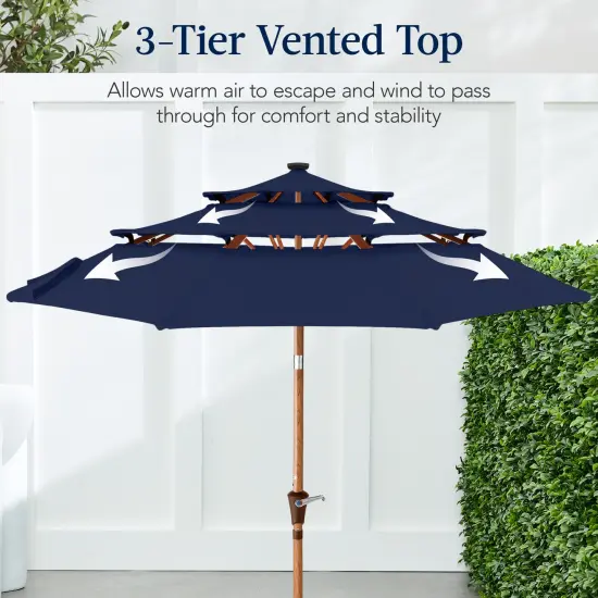 Best Choice Products Woodgrain Pattern 10ft 3-Tier Solar Patio Umbrella w/ 24 LED Lights, Tilt Navy Blue {4}