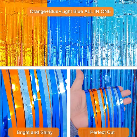 Blue Dog Birthday Party Supplies, 2 Packs 3.3x6.6 ft Foil Fringe Curtains, Orange Light Blue Tinsel Metallic Streamers, Photo Booth Props Streamer Backdrop for Blue-yTheme Party Decoration {5}