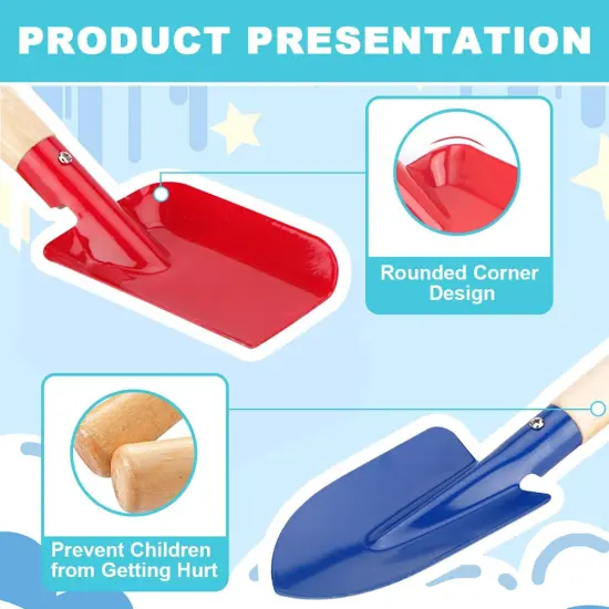 Summer Beach Toys, 6 Pcs Children Beach Sand Toys, 8'' Kids Gardening Set Metal Garden Tools with Sturdy Wooden Handle,Safe Kids Shovel with Cylinder, Spoon, Fork, Rake, Flat Shovel & Pointed Shovel {4}