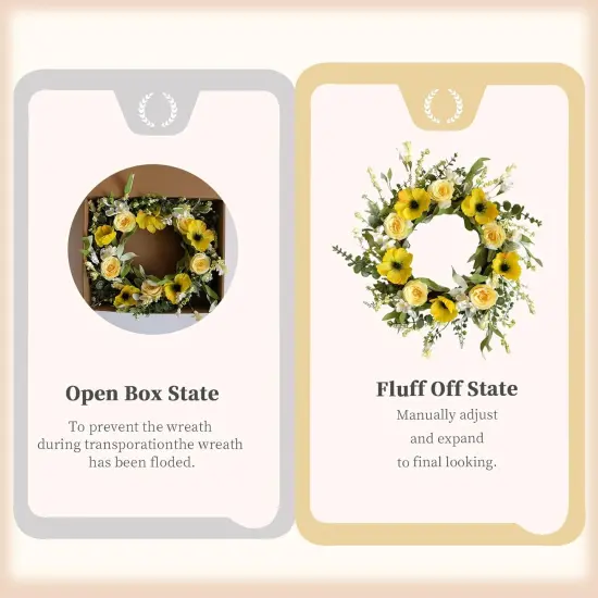 Summer Wreaths for Front Door 18 Inch Artificial Flower Decoration Wreath with Yellow Roses Poppies Wreaths for Farmhouse Outside All Season for Indoor Outdoor Home Wall Holiday Decor {4}