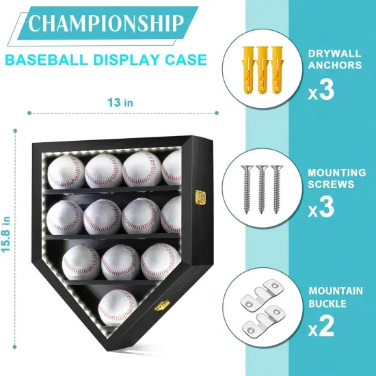 Baseball Display Case with Light, LED Baseball Holder Shadow Box for 12 Baseballs Display, HD Acrylic Front UV Protection,Wooden Frame for Collecting Autographed Balls Exquisite Souvenirs {2}