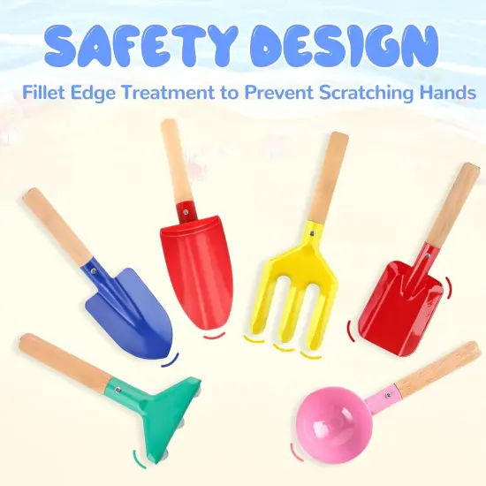 Summer Beach Toys, 6 Pcs Children Beach Sand Toys, 8'' Kids Gardening Set Metal Garden Tools with Sturdy Wooden Handle,Safe Kids Shovel with Cylinder, Spoon, Fork, Rake, Flat Shovel & Pointed Shovel {3}