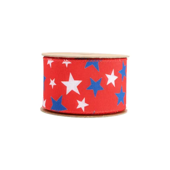LaRibbons 2 1/2" Wired Ribbon | Red w/ White/Blue Stars | 10 Yards {4}