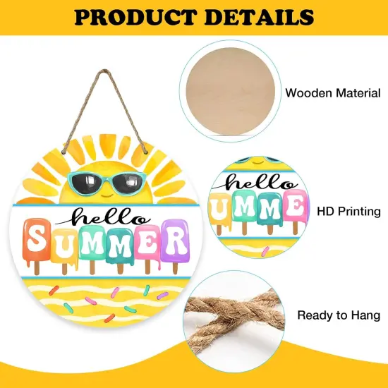 Hello Summer Sun Sunshine Front Door Sign, Popsicle Sunglasses Yellow Wood Door Hanger Outdoor Outside Porch Decor, Seasonal Wooden Wreath Indoor Wall Hanging Decoration {3}