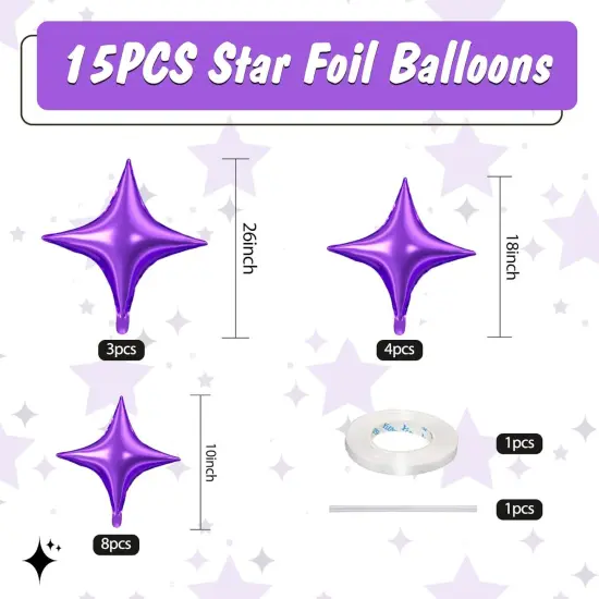 Purple Star Balloons,15Pcs Purple Star Foil Balloons,26/18/10 Inch Quadrangle Star Helium Mylar Balloons for Graduation Wedding Birthday Prom Anniversary Baby Shower Party Decorations {2}