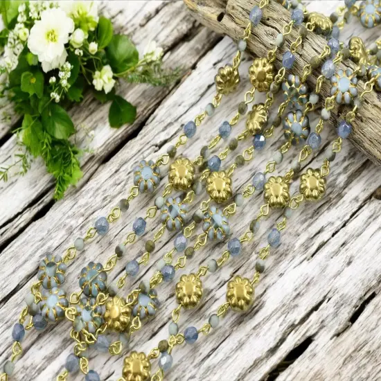 Blue Aqua Cactus Flower and Fire Polish Czech glass beaded chain w/gold links {1}