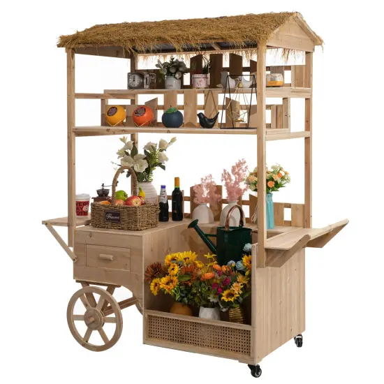 Vintiquewise Versatile Multi-Tier Shelves Wooden Rolling Cart - Perfect for Festival, Event Stand, Food Tasting Table, Garden Floral Display Rack, & Home Decor with Straw Roof and 2 Wood Wheels {1}