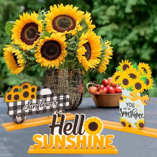 3pcs Sunflower Wooden Table Centerpiece Sign Decoration, Hello Sunshine Wood Tabletop Signs, Summer Farmhouse Tiered Tray Table Topper Signs Decor for Home Kitchen Party Favor Photo Props {5}