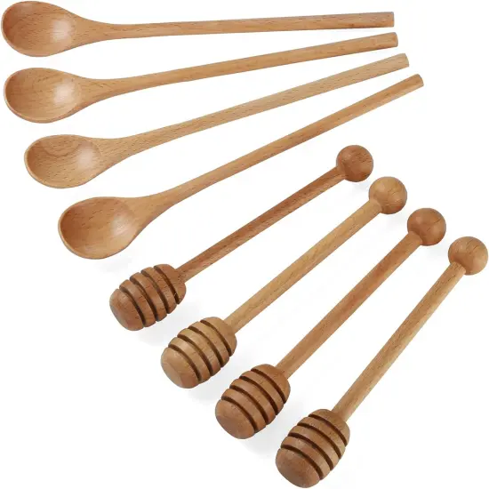 4 PCS 6 Inch Honey Dipper Sticks and 4 PCS 7.87 Inch Coffee Stirring Spoons, Beech Wooden Honey Spoon Stirrer for Honey Jar Dispense Drizzle Honey and Wedding Party Gift {1}