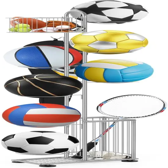 7-Tier Metal Ball Storage Rack with 2 Baskets & Hooks &ndash; Vertical Space-Saving Organizer for Basketball, Football, Volleyball, Gear | Indoor/Outdoor Garage, Gym, Kids&rsquo; Room {1}