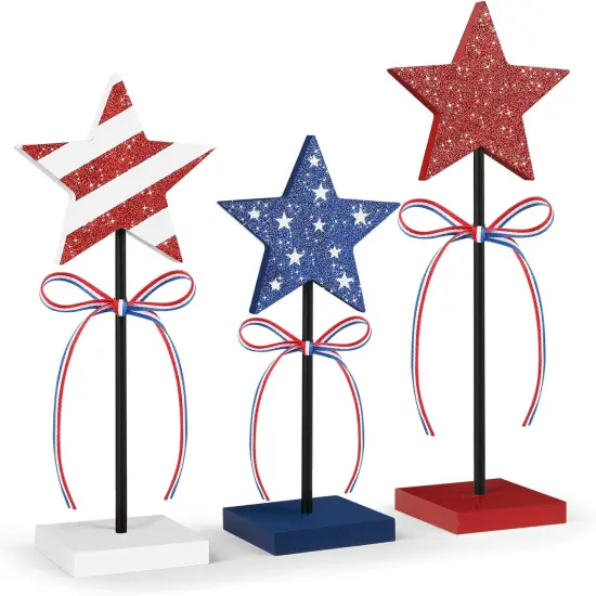 4th of July Tiered Tray Decor Wooden Star Set, 3 Pcs Memorial Day Table Decorations, Rustic Patriotic Tabletop Home Decor, Red White and Blue Decorations for Home (Shiny) {1}