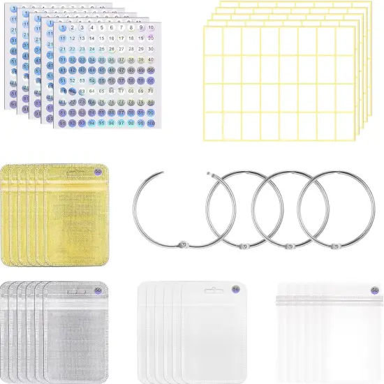 200 Pieces Diamond Painting Accessories Diamond Painting Tools Kit Storage Container Diamond Art Resealable Bags with 4 Round Binding Rings, 5 Sheets Number Stickers and 5 Sheets Sticker Label {1}