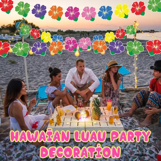 5 Pack Summer Hawaiian Tropical Garland Luau Hibiscus Flower Lei Garland Banners Multicolor Aloha Hanging Lei Hawaiian Tropical Cutouts Banners for Summer Beach Pool Birthday Party {4}