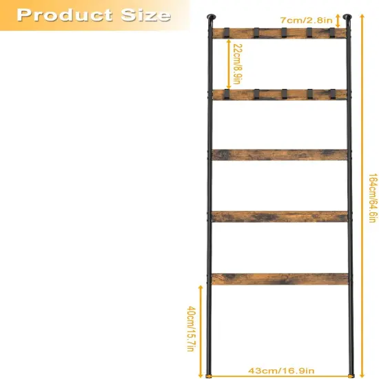 5-Tier Blanket Ladder with 10 Removable Hooks - Rustic Brown Wall-Leaning Towel Rack Organizer for Living Room, Bedroom, Bathroom Decor {2}