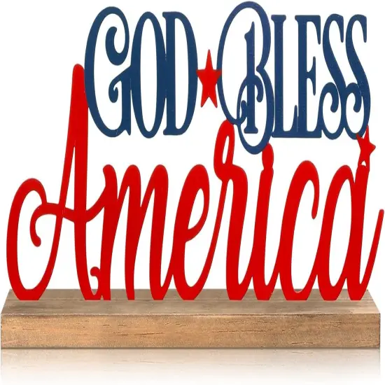 Patriotic God Bless America Metal Sign Rustic Table Decor Holiday Tiered Tray Decor {1}