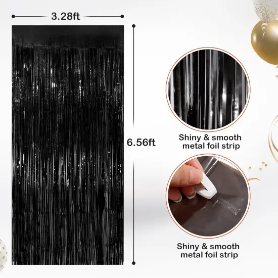 2 Pack Black Metallic Tinsel Foil Fringe Curtains, Door Streamers Photo Booth Backdrop for Birthday Party, Tinsel Curtain Backdrop for Baby Shower Bachelorette Christmas Party Decorations {2}