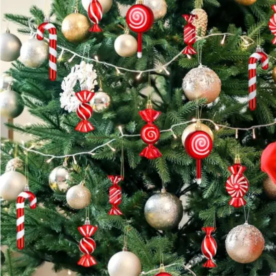 36 Pcs Red and White Christmas Ornaments, Shatterproof Plastic Red Christmas Ornaments for Tree - Candy Cane Christmas Decorations Candies Christmas Ball Ornaments for Xmas Tree Party Decoration {2}