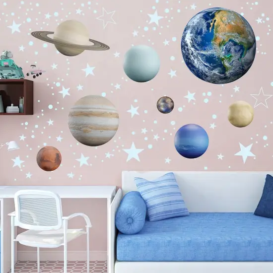 Glow in The Dark Stars Solar System Wall Decals, The Earth Wall Stickers for Bedroom, Baby Nursery Planets Sticker Decoration for Ceiling (Blue) {5}