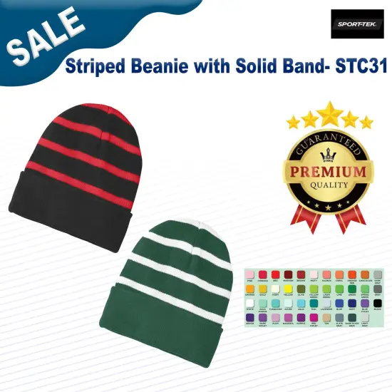 Sport-Tek&reg; Striped Beanie with Solid Band Black/ Gold {2}