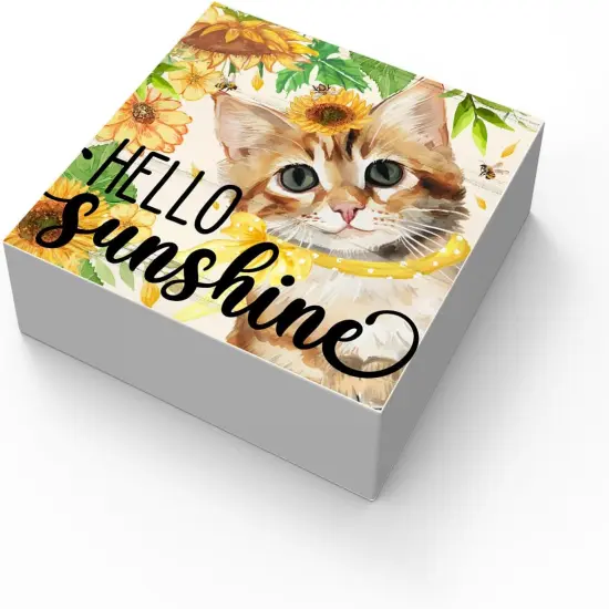 Yellow Summer Sunshine Sunflower Cat Wood Box Sign Decor, Cute Cat Home Office Desk Decor for Cat Lovers Gifts, Cat Decor Shelf Tabletop Decoration, Cat Mom Gifts, 5 x 5 Inches {5}