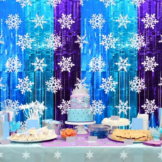 Winter Princess Birthday Party Decorations, 2 Pack Ice Birthday Party Supplies 3.3x6.6ft Tinsel Foil Fringe Curtains, Winter Photo Booth Prop Backdrop Streamer, Snowflake Birthday Party Decor {2}