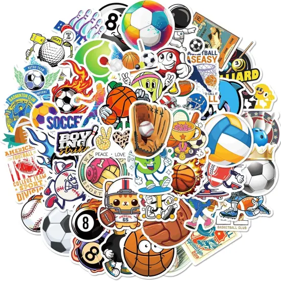 50Pcs Ball Sport Stickers, Cool Basketball Baseball Soccer Football Waterproof Vinyl Decal for Adult Teen Kids Notebook Water Bottle, Laptop, Luggage, Phone, Skateboard, Helmet {1}