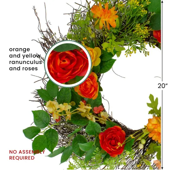 Northlight Ranunculus and Rose Floral Spring Wreath, Orange and Yellow 20" {7}