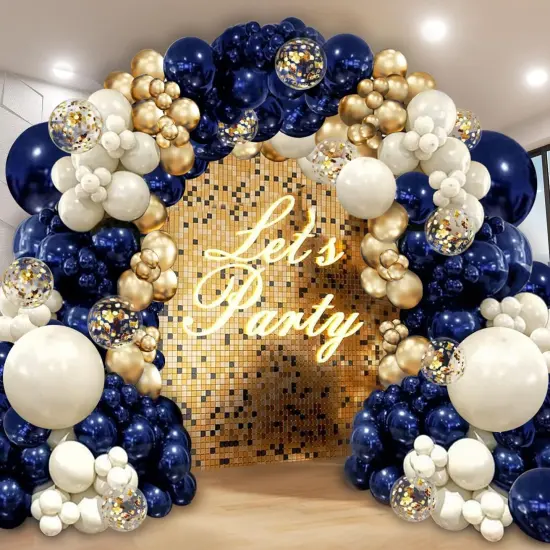 Navy Blue Gold Balloon Garland Arch Kit, Double Stuffed Pearl White Royal Blue Chrome Gold with Confetti Balloons for New Year Graduation Birthday Wedding Baby Shower Party Decorations {1}