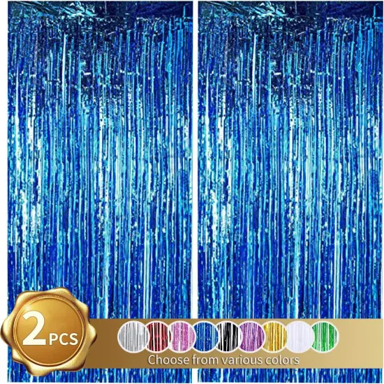 2 Pcs Blue Door Streamers Tinsel Curtain Party Backdrop Fringe Foil Wall Background for Birthday Halloween Christmas Wedding Boys Baby shower Party Decoration(3.28 ft x 6.56 ft) {1}