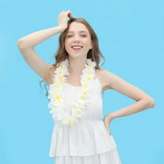 6 Pack Summer White Hawaiian Leis Necklace Tropical Luau Hawaii Wreaths Silk Flower Lei Thickened Dance Garland Flower Leis {3}