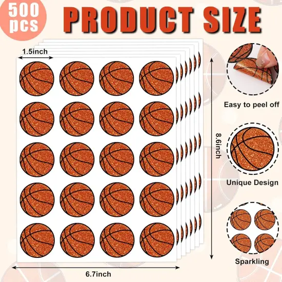 500Pcs Glitter Basketball Sticker Sport Paper Decal Self-Adhesive Sticker Label for Party Favor Envelope Scrapbook DIY Supplies, 1.5 in {2}