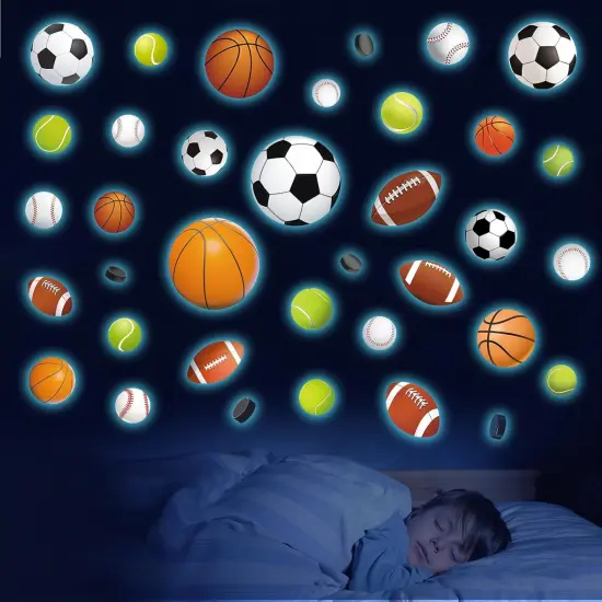 Glow in The Dark Basketball Football Sports Wall Decals，Glowing Luminous Boys Room Wall Stickers Removable self-Adhesive Baseball Decals for Kids Baby Boys Nursery Game Playroom Decoration {1}