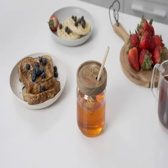 Honey Jar Pot Glass Holder Dispenser Set with Wooden Dipper Stick and Acacia Lid Cover for Home Kitchen, Clear, Modern Honey Syrup Glass Container for Storage Gift, Honey Pot and Drizzler (9 Oz) {4}