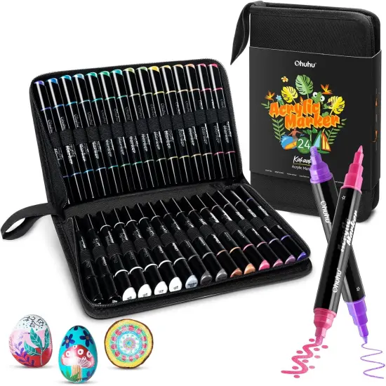 Ohuhu Acrylic Paint Markers 24 Metallic Colors 30 Pens: Dual Tips (Round & Fine) Acrylic Markers High Opacity Paint Pens Waterproof Lightfast for Rock Painting Eggs Wood Glass Ceramic - Kakaako {1}