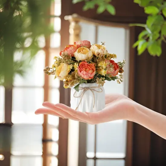 Faux Flowers with Vase,Artificial Silk Flowers in Ceramic Vase,Small Fake Flower Arrangement for Home Office Kitchen Bathroom Coffee Dining Table Centerpiece Decor (Orange,Chrysanthemum) {3}