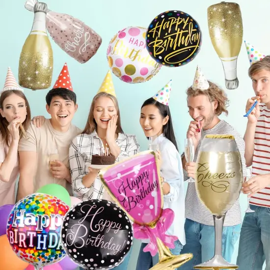 Happy Birthday Party Balloons Foil &ndash; 38in 18in Large Mylar Helium Round Champagne Bottle and Champagne Glass Shaped Foil Birthday Balloons {2}