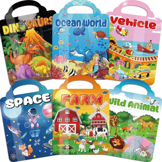6Set Puffy Sticker Books for Kids 2-4, 3D Reusable Stickers Books for Toddlers 1-3,2-4,Farm+Animal+Dinosaurs+Ocean World+Space+Vehicle {1}