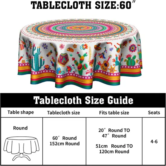 Colorful Mexico Round Table Cloth - Mexican Floral Tablecloth Cactus Stripes Lines Native Art Table Cover for Kitchen Party Picnic Dining Decor 60 Inch {2}