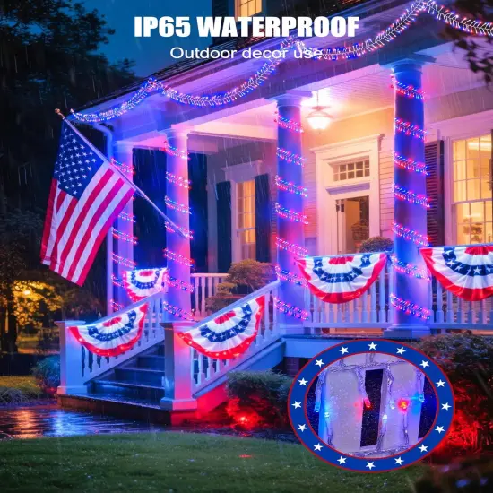 Red White Blue Lights, 500LED 25FT 4th of July Lights Patriotic Cluster String Lights 8 Modes Waterproof Memorial Day Decor for Indoor Outdoor Independence Day Patriotic Holidays {4}