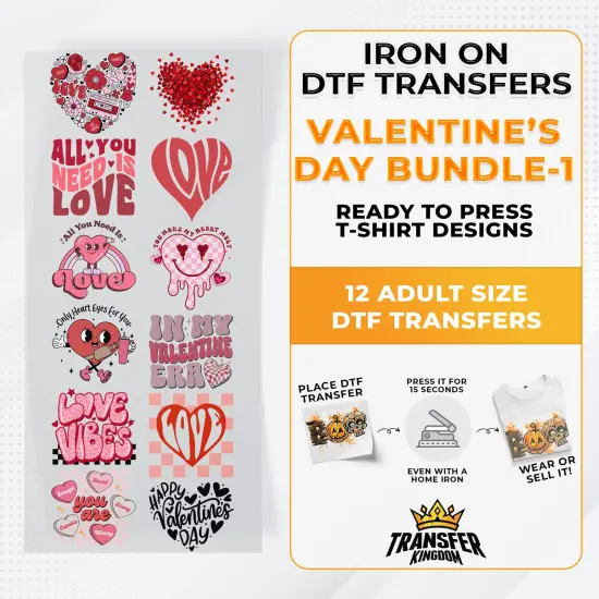 Valentine's Day Bundle Iron on DTF Transfer Bundle 1 - 12 Best Seller Ready To Press T-shirt Designs {1}