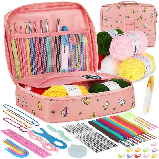 Crochet Kit for Beginners Adults, Crochet Kits Include Yarn, 59pcs Crochet Starter Kit for Beginners Kids,Ergonomic Crochet Hooks 2.0-6.0 mm, Lace Steel Needles 0.6-1.9 mm {1}