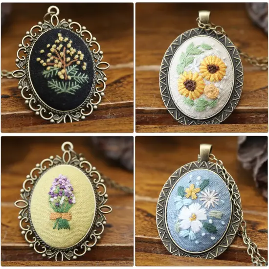 ZOCONE 4 Packs Embroidery Necklace Kit, Embroidery Pendant Kit Mini Cross Stitch Kit with Hoop, Necklace, Pendant, Stamped Pattern Cloth, Instructions, etc., Embroidery Kit for Adults {3}