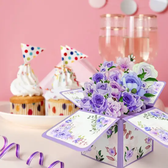 Wrapables 3D Pop Up Floral Greeting Card, Flower Bouquet Card for Mother's Day, Birthday, Anniversary, All Occasions, Purple Bouquet {4}