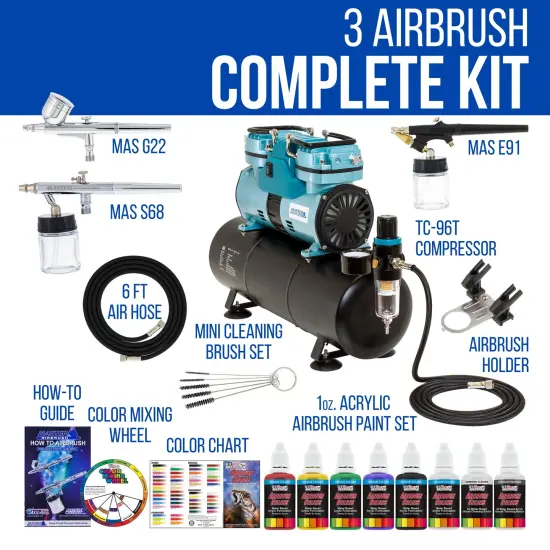 Airbrushing System with 3 Airbrushes, 6 Primary Colors Acrylic Paint Set - Cool Running 1/4 hp Twin Cylinder Piston Air Compressor with Storage Tank {2}