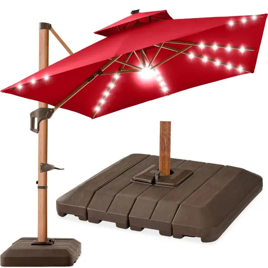 Best Choice Products 10ft Square Woodgrain Pattern 2-Tier Outdoor Solar LED Cantilever Umbrella w/ Base Red {1}