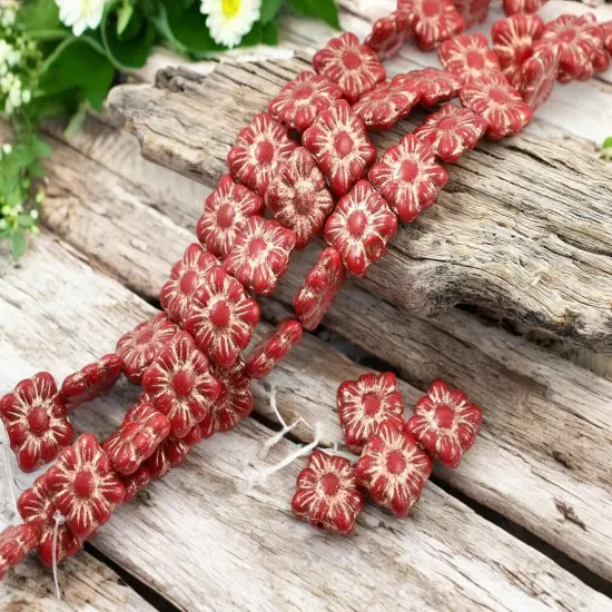 *13* 11mm Copper Washed Opaque Red Square Zinnia Flower Beads {4}