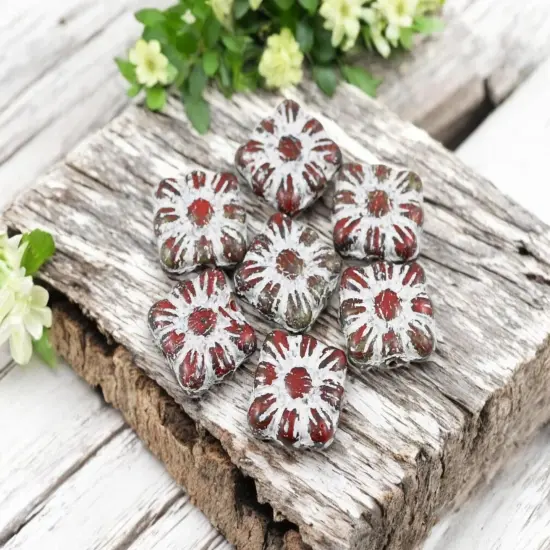 *13* 11mm Antique White Washed Opaque Red Travertine Square Zinnia Flower Beads {1}